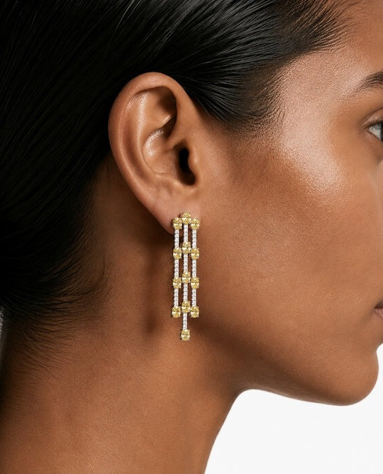Maharani Lunette Citrine & Diamond-Like Zircon Detailing Multi Layered Necklace & Vivienne Fan Citrine Drop Diamond-Like Zircon Statement Necklace Set – 2 Necklaces & Earrings