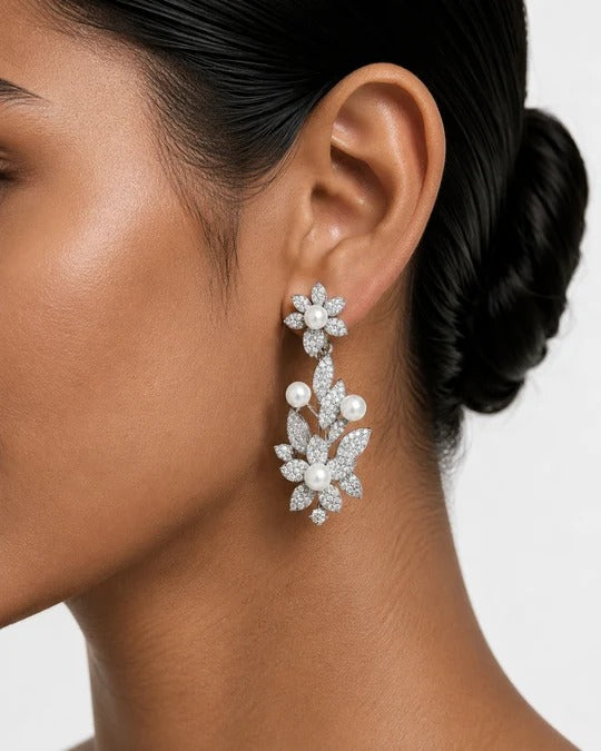 Maharani Aurelia Pearl Diamond & Floral Necklace & Nayara Diamond-Like Zircon Leaf Petal Choker Necklace Set – 2 Necklaces & Earrings