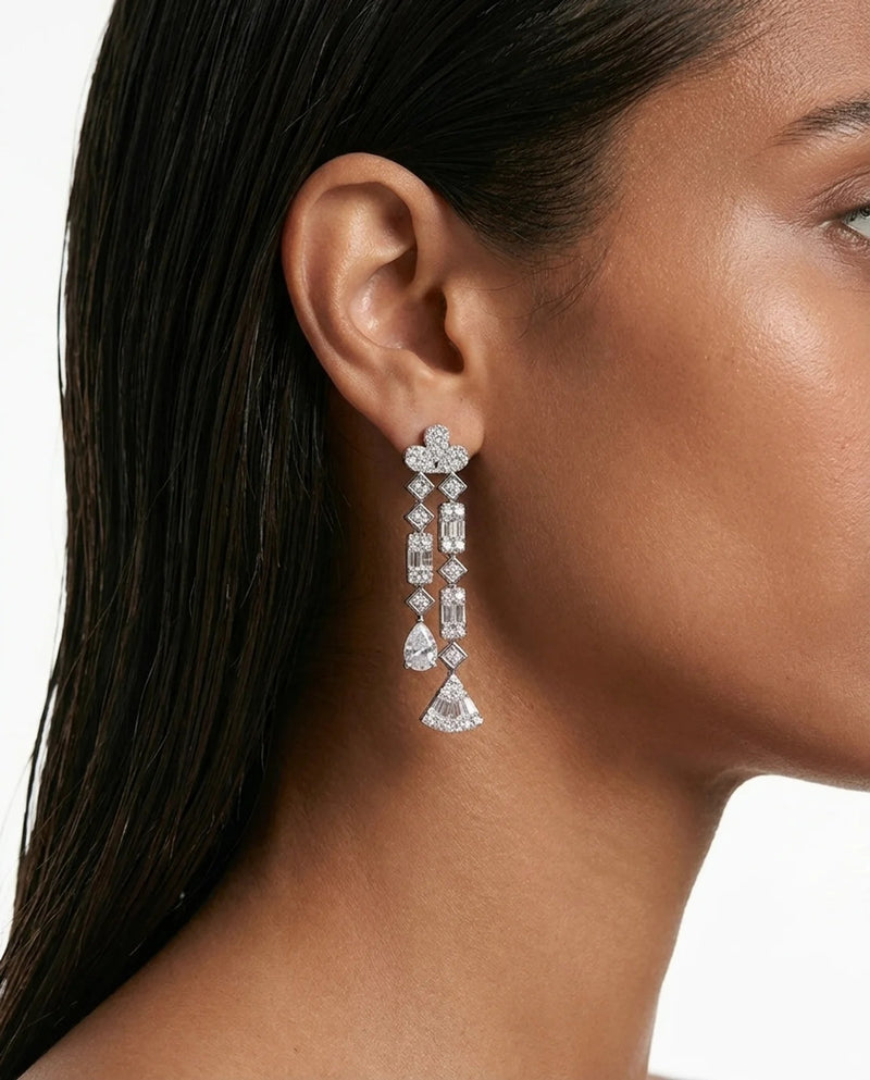 Maharani Vivienne Fan Drop Diamond-Like Zircon Statement Necklace & Nayara Diamond-Like Zircon Leaf Petal Choker Necklace Set – 2 Necklaces & Earrings