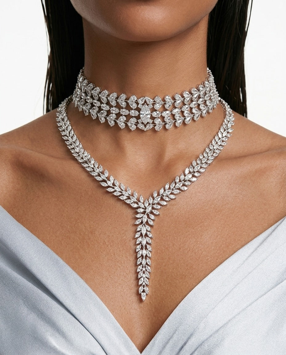 Maharani Uklo Leaflet Drops Lariat Style Diamond Zircon Statement Necklace & Nayara Diamond-Like Zircon Leaf Petal Choker Necklace Set – 2 Necklaces & Earrings