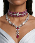 Maharani Nayara Ruby Diamond-Like Zircon Leaf Petal Choker & Dania Ruby Diamond-Like Zircon Compressed Setting Statement Necklace Set – 2 Necklaces & Earrings