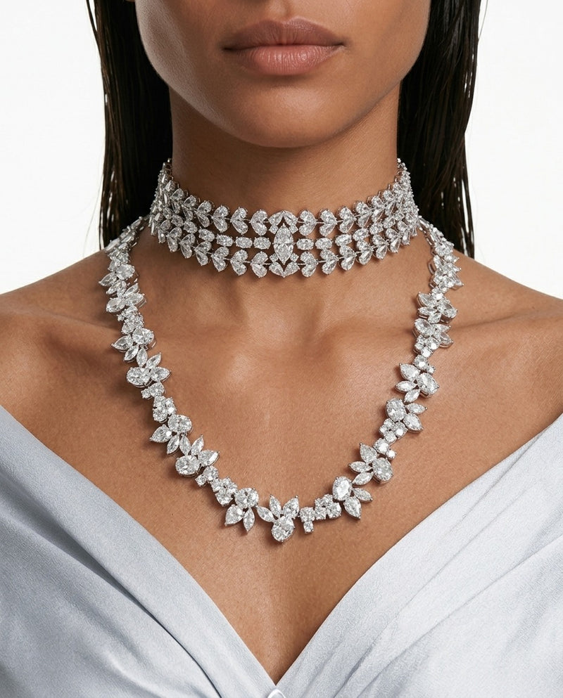 Maharani The Ivy Diamond-Like Zircon Statement Necklace & Nayara Diamond-Like Zircon Leaf Petal Choker Necklace Set – 2 Necklaces & Earrings