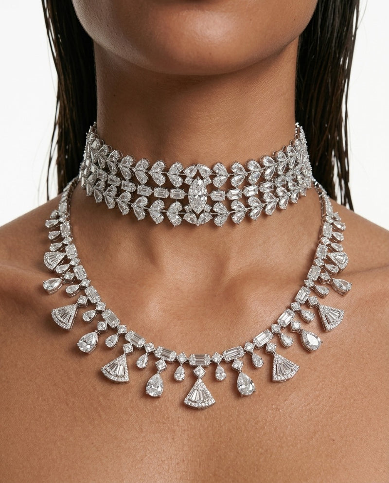 Maharani Vivienne Fan Drop Diamond-Like Zircon Statement Necklace & Nayara Diamond-Like Zircon Leaf Petal Choker Necklace Set – 2 Necklaces & Earrings