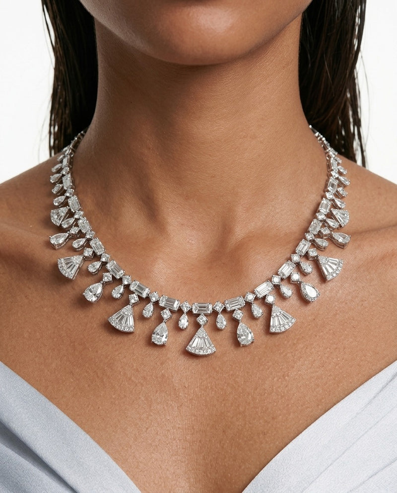 Maharani Vivienne Fan Drop Diamond-Like Zircon Statement Necklace & Nayara Diamond-Like Zircon Leaf Petal Choker Necklace Set – 2 Necklaces & Earrings