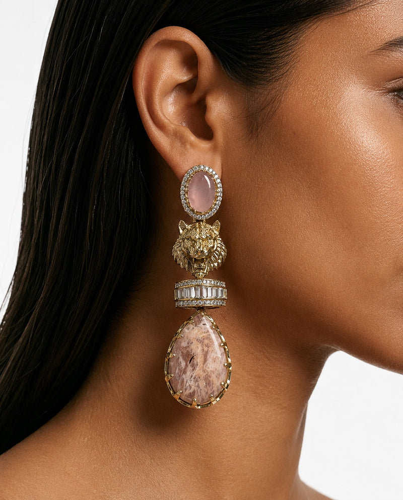 Zevara Moissanite Polki Kundan Rose Quartz Tiger Drop Earrings