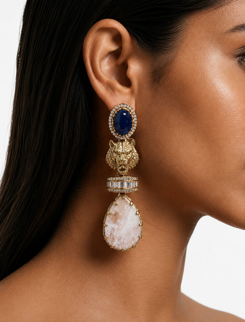 Zevara Moissanite Polki Kundan Sapphire Tiger Drop Earrings