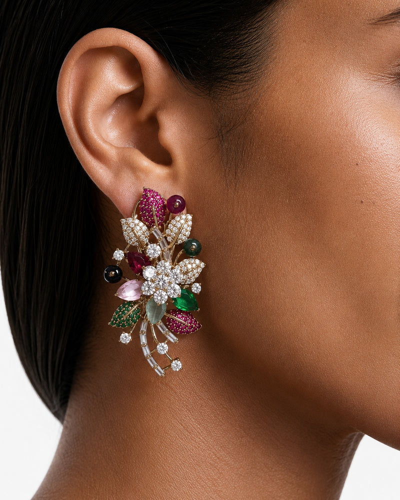 Lévana Pink & Emerald Floral Diamond-Like Zircon Earrings