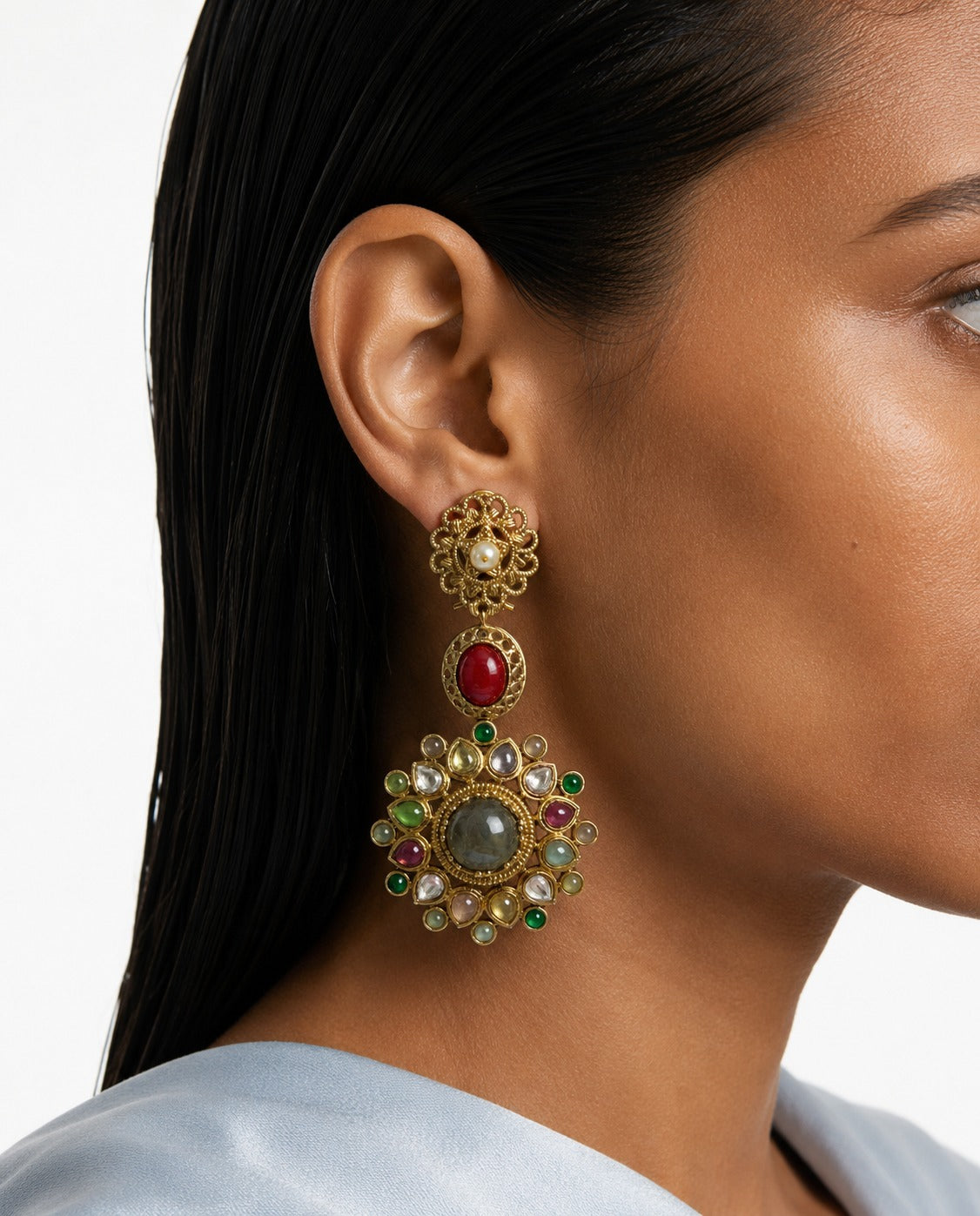Zeenora Moissanite Polki Kundan with Zircon Diamond Detailing Multi-Gem Floral Statement Earrings