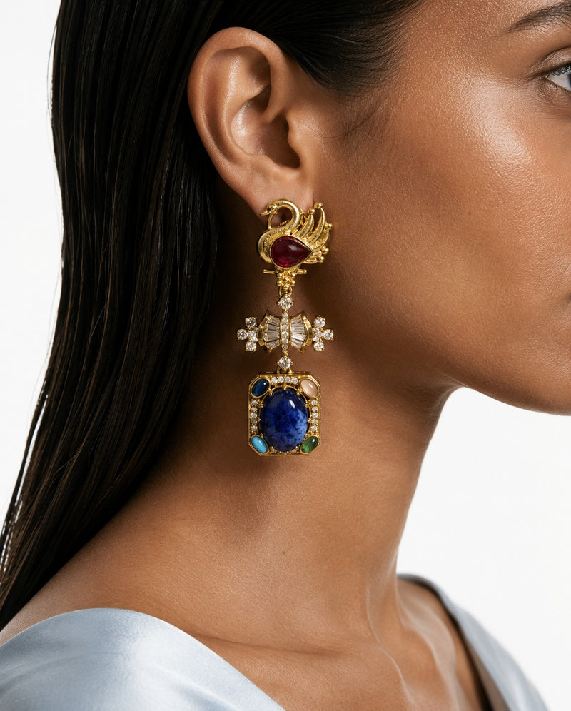 Zaarmin Moissanite Polki Kundan with Zircon Diamond Detailing Sapphire Swan Statement Earrings