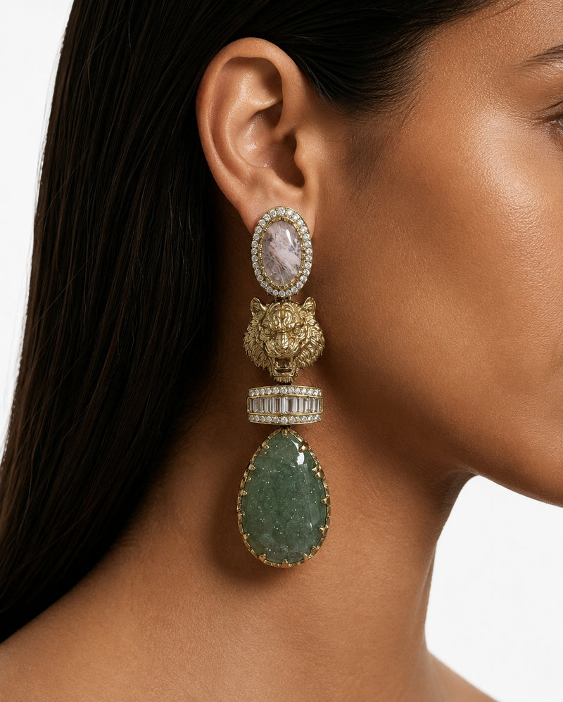 Zevara Moissanite Polki Kundan Emerald Tiger Drop Earrings
