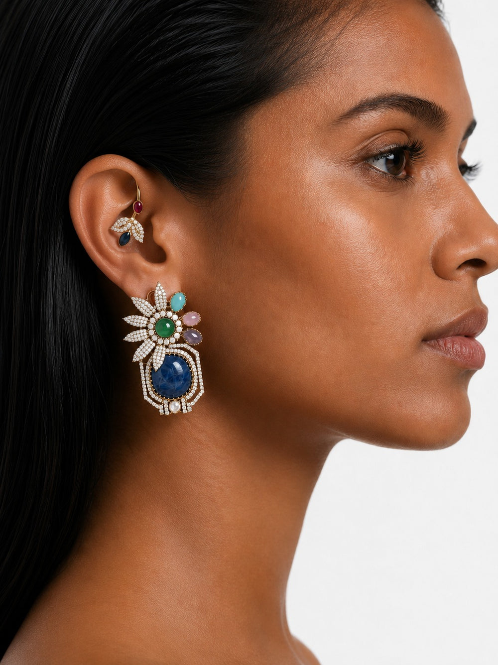 Zehra Moissanite Polki Kundan Sapphire Floral Earrings