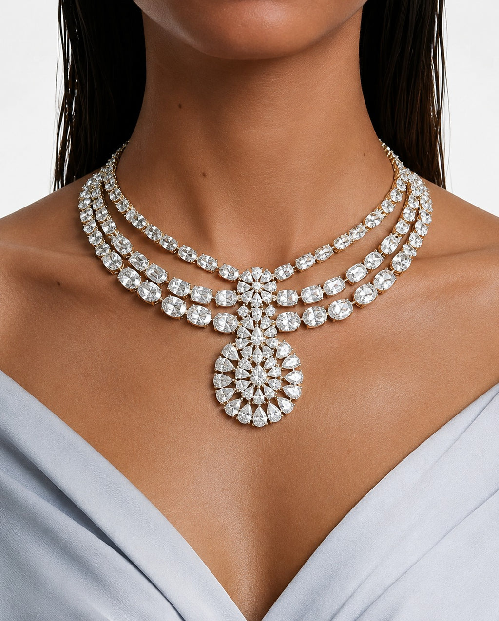 Raeesa Gold-Tone Diamond-Like Zircon Triple Layer Statement Necklace Set – Necklace & Earrings