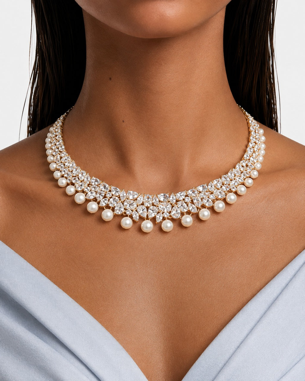 Rimsha Pearl Gold-Tone Diamond-Like Zircon Statement Necklace Set – Necklace & Earrings
