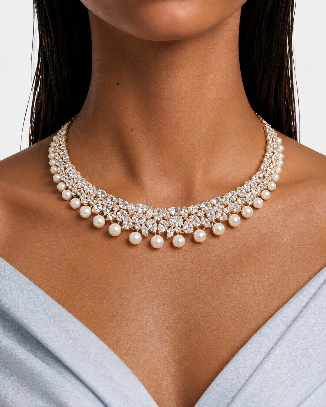 Rimsha Pearl Gold-Tone Diamond-Like Zircon Statement Necklace Set – Necklace & Earrings