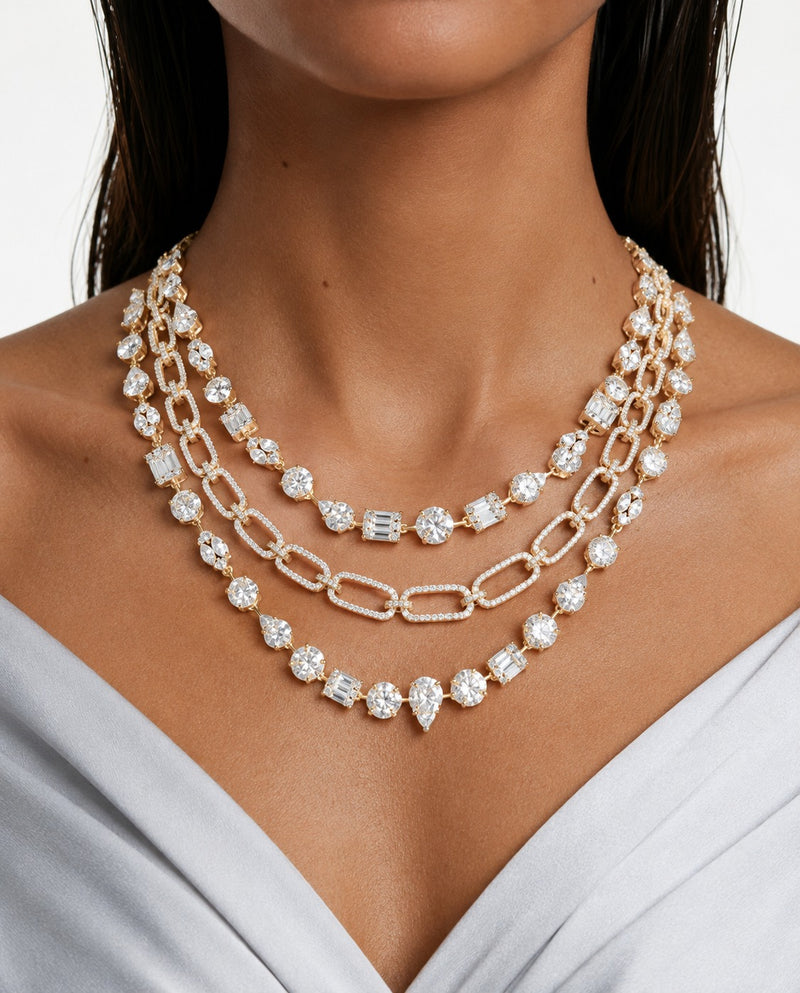 Nayeli Gold-Tone Diamond-Like Zircon Layered Statement Necklace Set – Necklace & Earrings
