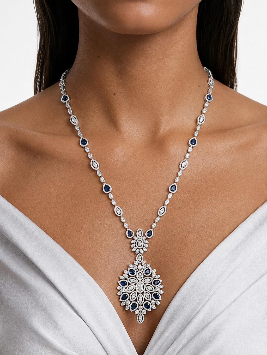 Rumeha Sapphire Diamond-Like Zircon Statement Necklace Set  – Necklace & Earrings