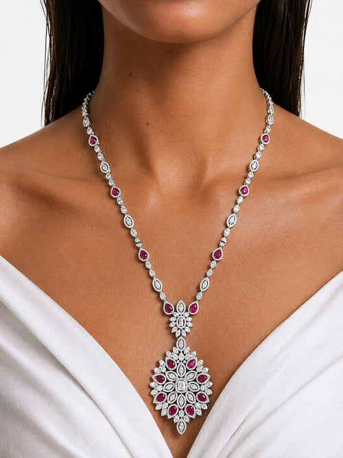 Rumeha Ruby Diamond-Like Zircon Statement Necklace Set – Necklace & Earrings