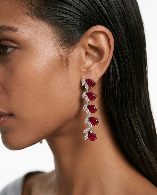 Maharani Ruby Cushion Cut with Zircon Detailing and Large Ruby Stone Necklace Set & Vaanya Ruby Drops & Diamond-Like Zircon Single Line Statement Necklace Set (2 Necklaces & 2 Earrings)