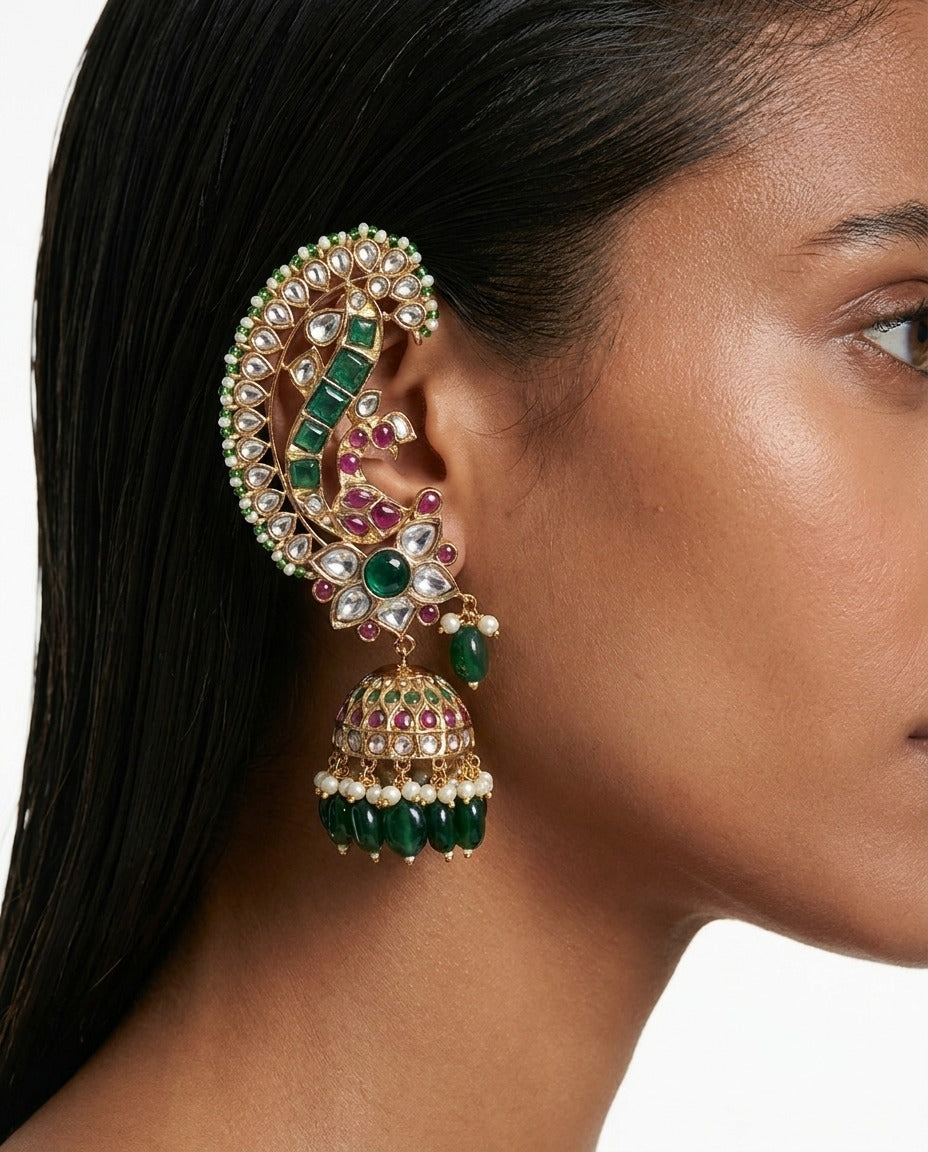 Bahira Gold-Tone Semi-Precious Polki Kundan Ruby & Emerald Pearl Line Statement Earcuff Earrings