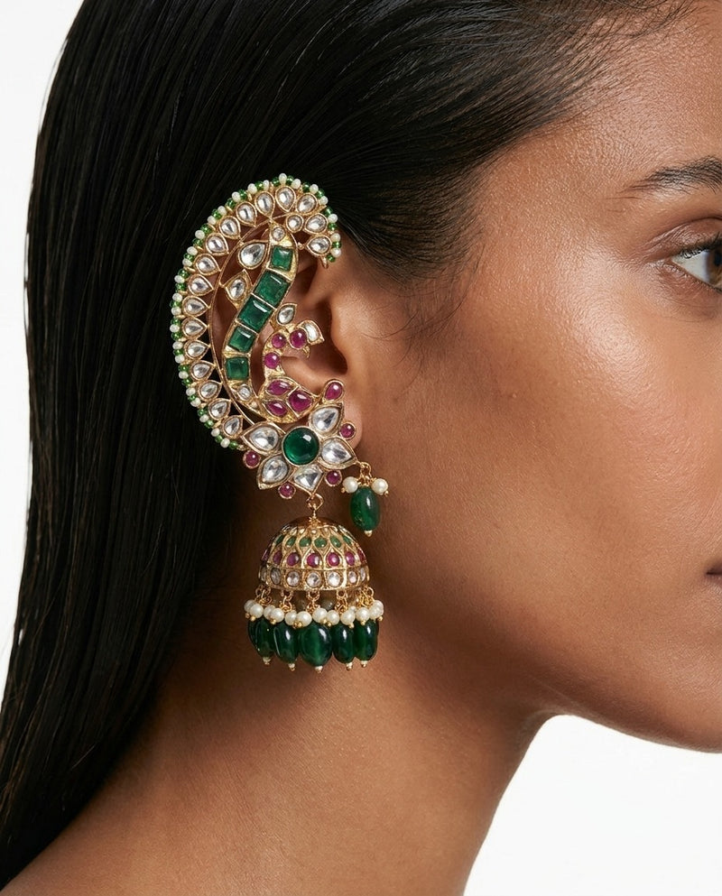 Bahira Gold-Tone Semi-Precious Polki Kundan Ruby & Emerald Pearl Line Statement Earcuff Earrings