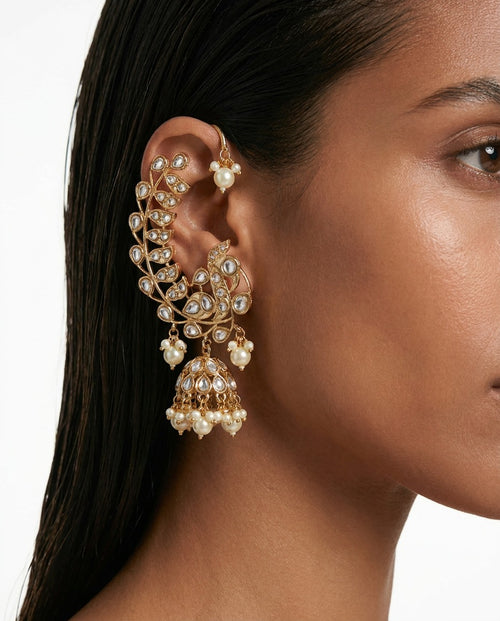Avira Gold-Tone Semi-Precious Polki Kundan Pearl Drops Statement Earcuff Earrings