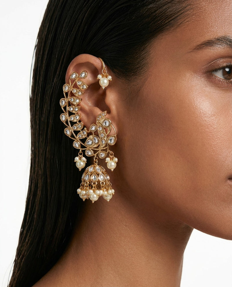 Avira Gold-Tone Semi-Precious Polki Kundan Pearl Drops Statement Earcuff Earrings