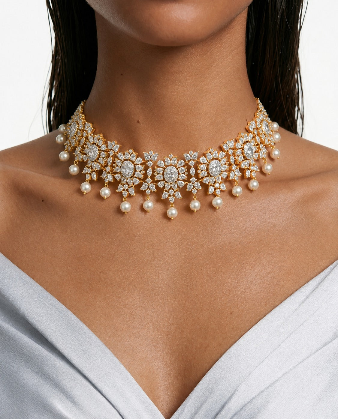 Golden Floral Diamonte Statement Necklace & Earrings Set — Prerto