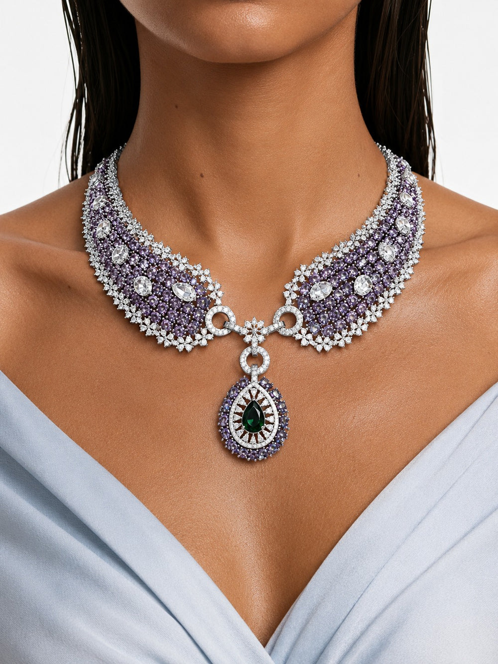 Ensemble de collier Saabeen violet et émeraude en forme de diamant en forme de goutte d'eau - Collier et boucles d'oreilles
