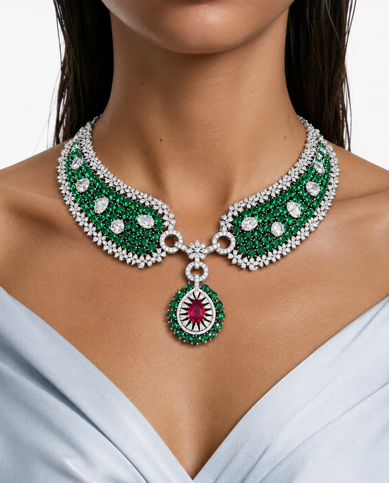 Sabeen Emerald & Ruby Drop Diamond-Like Zircon Statement Necklace Set – Necklace & Earrings
