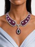 Sabeen Ruby & Emerald Drop Diamond-Like Zircon Statement Necklace Set – Necklace & Earrings