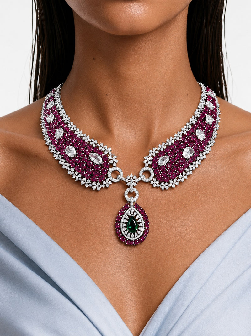 Sabeen Ruby & Emerald Drop Diamond-Like Zircon Statement Necklace Set – Necklace & Earrings