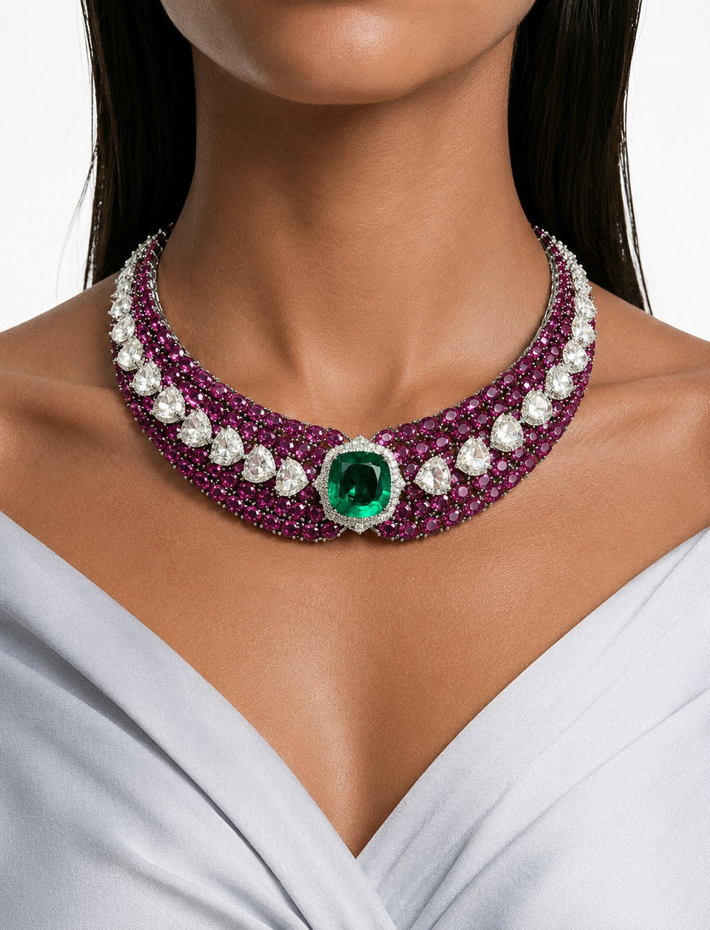 Evana Ruby & Emerald Diamond-Like Zircon Statement Necklace Set – Necklace & Earrings