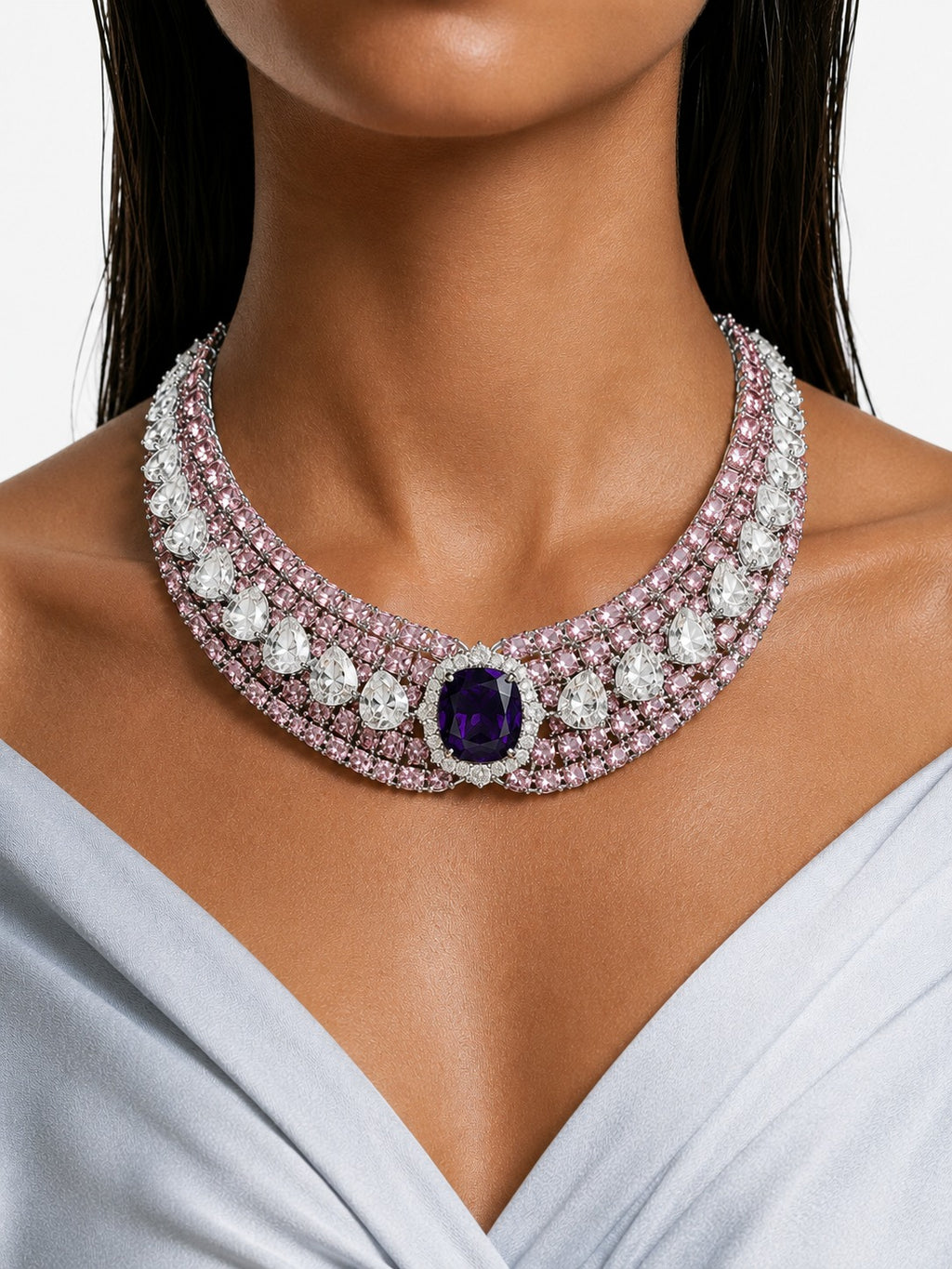 Evana Pink & Purple Diamond-Like Zircon Statement Necklace Set – Necklace & Earrings
