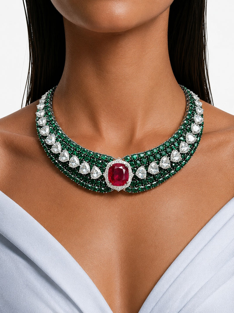 Evana Emerald & Ruby Diamond-Like Zircon Statement Necklace Set – Necklace & Earrings