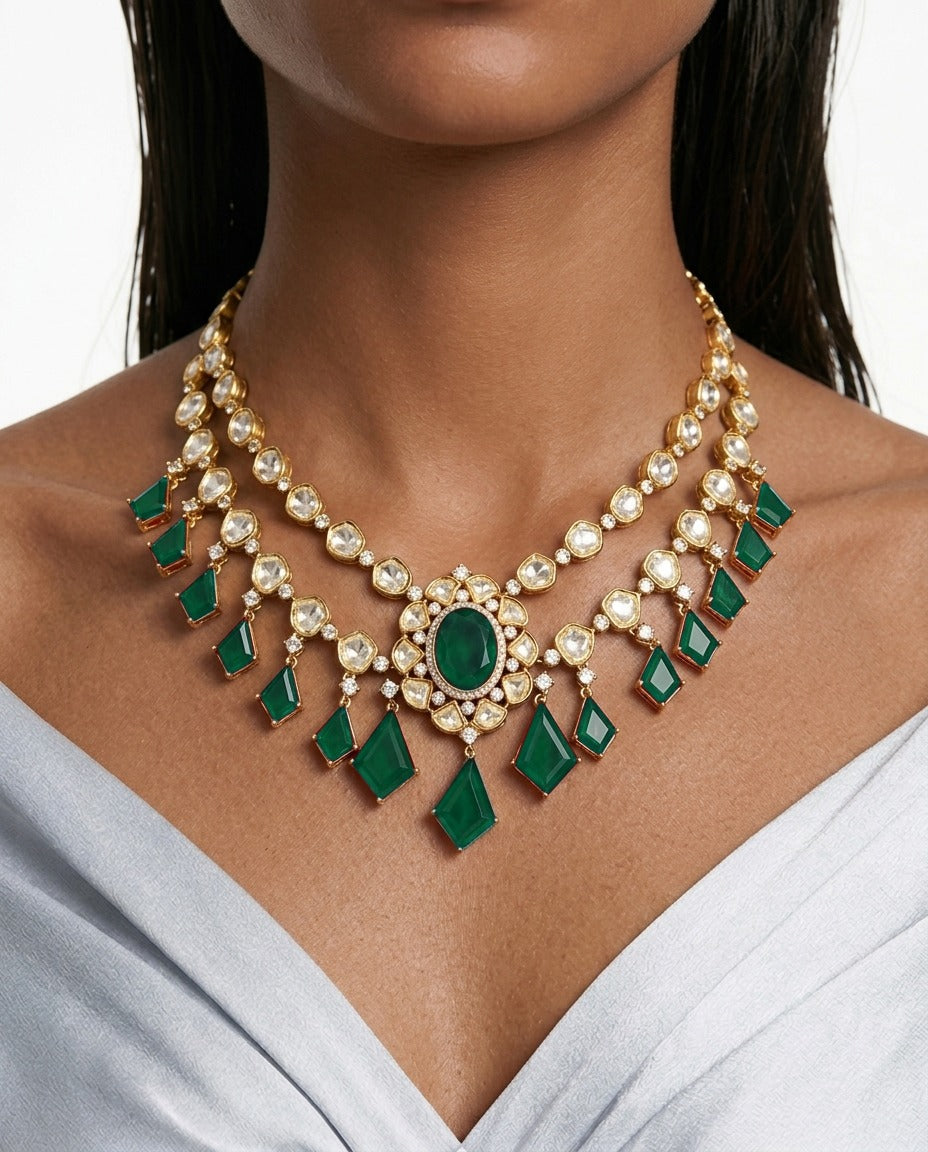Zaria Emerald Moissanite Polki Kundan Drop Necklace Set – Necklace & Earrings