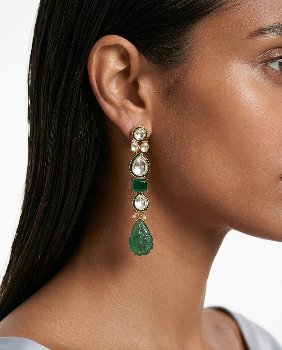 Rania Emerald Leaf Drop Moissanite Polki Kundan Necklace Set – Necklace & Earrings