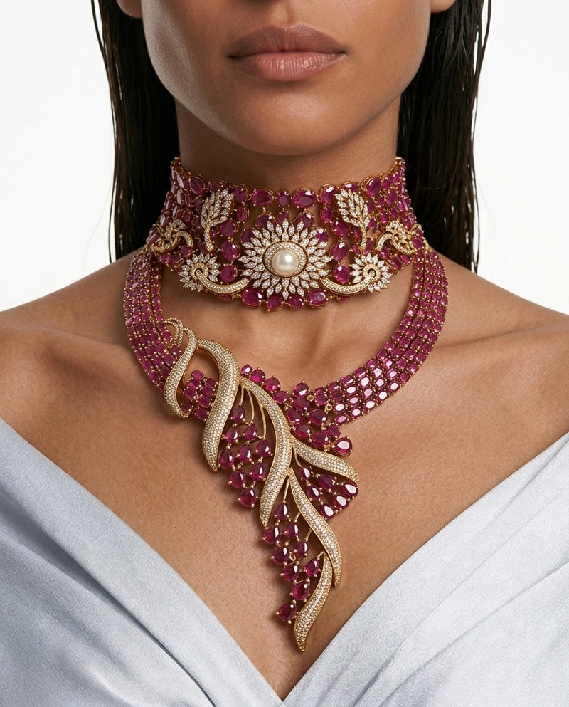 Maharani Ananya & Asiyah Ruby, Pearls & Moissanite Polki Kundan with Zircon Diamond Detailing Statement Luxe Necklace Set – 2 Necklaces & Earrings