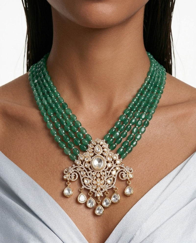 Maharani Meher Emerald Beaded Kundan Necklace Set & Rania Emerald Leaf Drop Moissanite Polki Kundan Necklace Set (2 Necklaces & 2 Earrings)