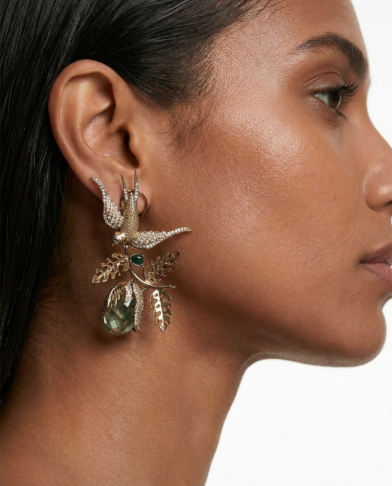 Miu Bird & Leaf Diamond-Like Zircon Earrings