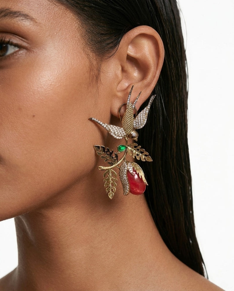 Miu Ruby Bird & Leaf Diamond-Like Zircon Earrings