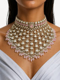 Zema Pink Pearls & Moissanite Polki Kundan with Zircon Diamond Detailing Statement Choker Necklace Set – Necklace, Earrings & Maang Tikka