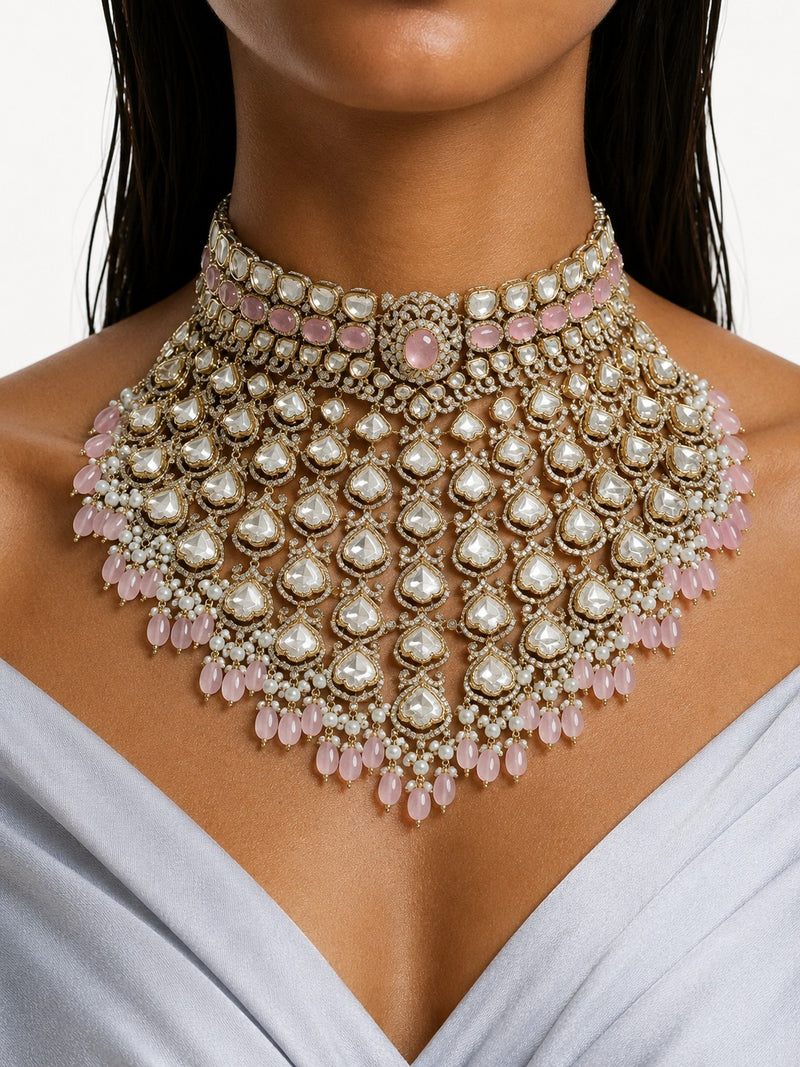 Zema Pink Pearls & Moissanite Polki Kundan with Zircon Diamond Detailing Statement Choker Necklace Set – Necklace, Earrings & Maang Tikka