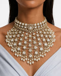 Zema Diamond Pearls & Moissanite Polki Kundan with Zircon Diamond Detailing Statement Choker Necklace Set – Necklace & Earrings & Maang Tikka