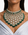 Zema Emerald Pearls & Moissanite Polki Kundan with Zircon Diamond Detailing Statement Choker Necklace Set – Necklace & Earrings & Maang Tikka