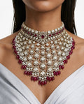 Zema Ruby Pearls & Moissanite Polki Kundan with Zircon Diamond Detailing Statement Choker Necklace Set – Necklace & Earrings & Maang Tikka