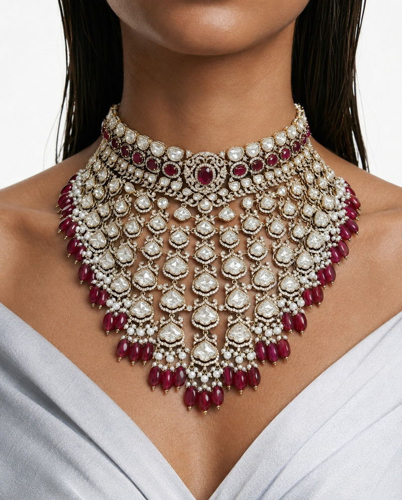 Zema Ruby Pearls & Moissanite Polki Kundan with Zircon Diamond Detailing Statement Choker Necklace Set – Necklace & Earrings & Maang Tikka