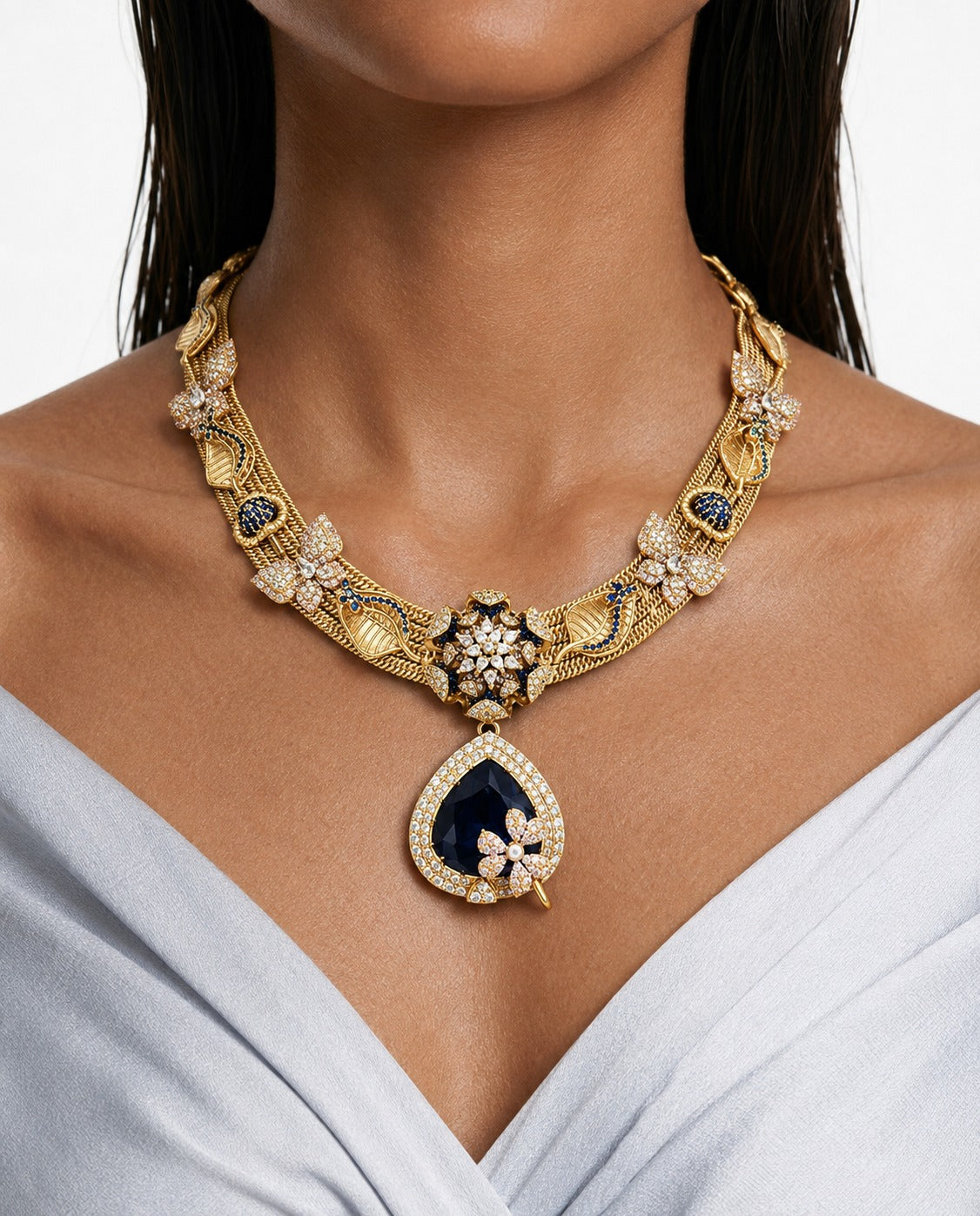 The Riva Sapphire Moissanite Necklace Set  (Necklace & Earrings)