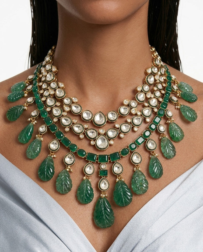Maharani Meher Emerald Beaded Kundan Necklace Set & Rania Emerald Leaf Drop Moissanite Polki Kundan Necklace Set (2 Necklaces & 2 Earrings)