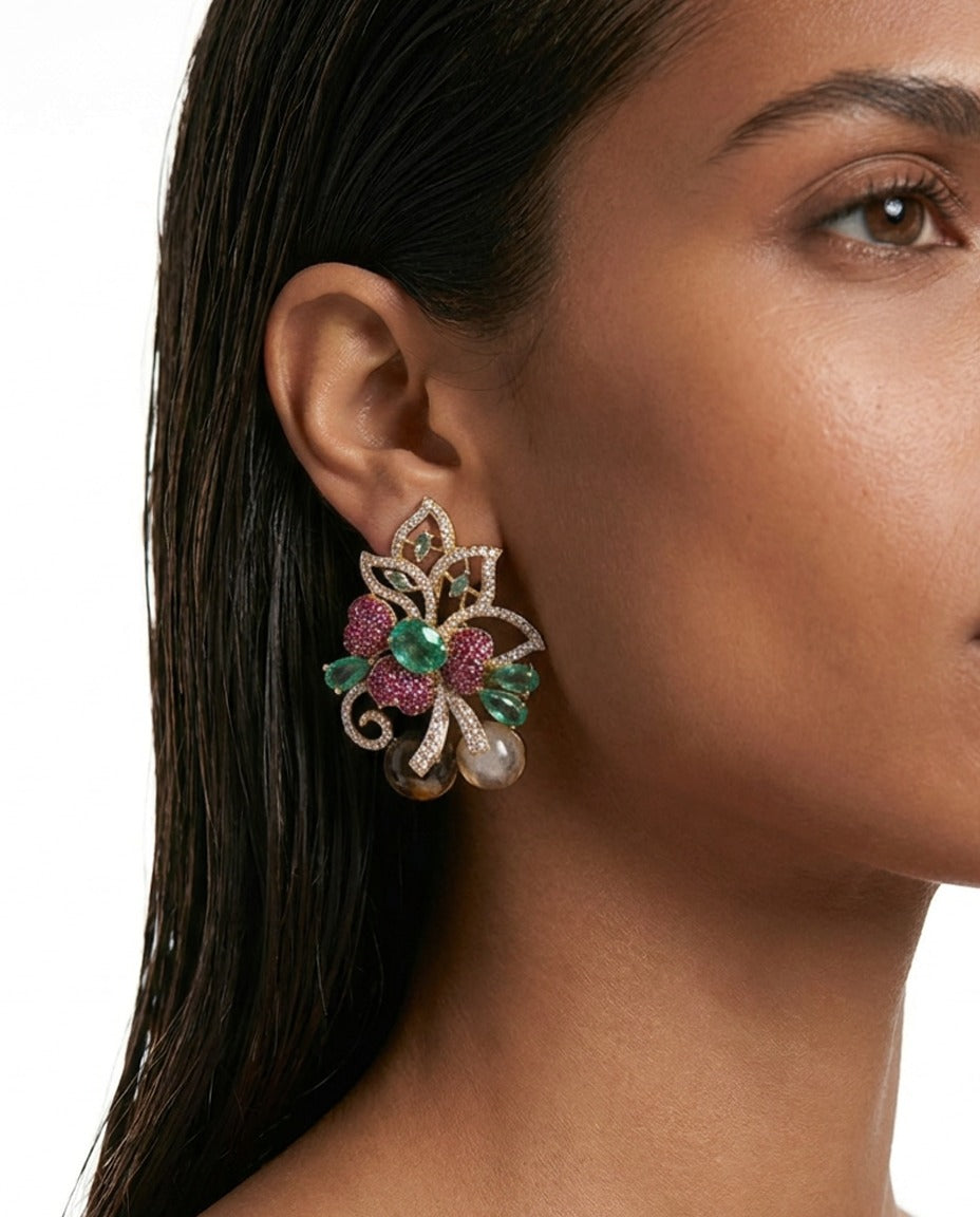 Ira Emerald & Multicolor Floral Diamond-Like Zircon Statement Earrings