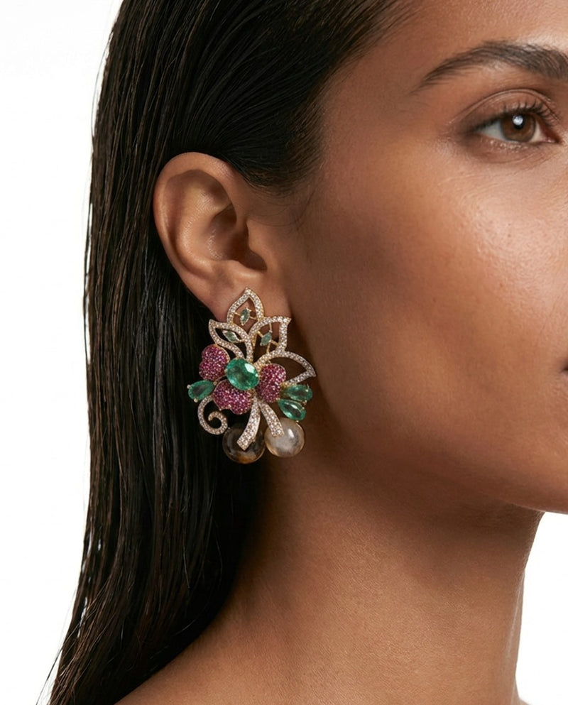 Ira Emerald & Multicolor Floral Diamond-Like Zircon Statement Earrings